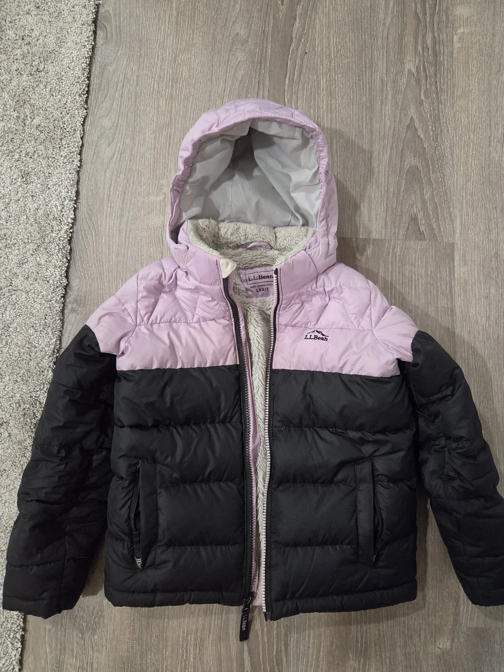 L.L. Bean Little Girls' Midnight Black Sherpa Puffer Jacket with Hood Size (6-7)